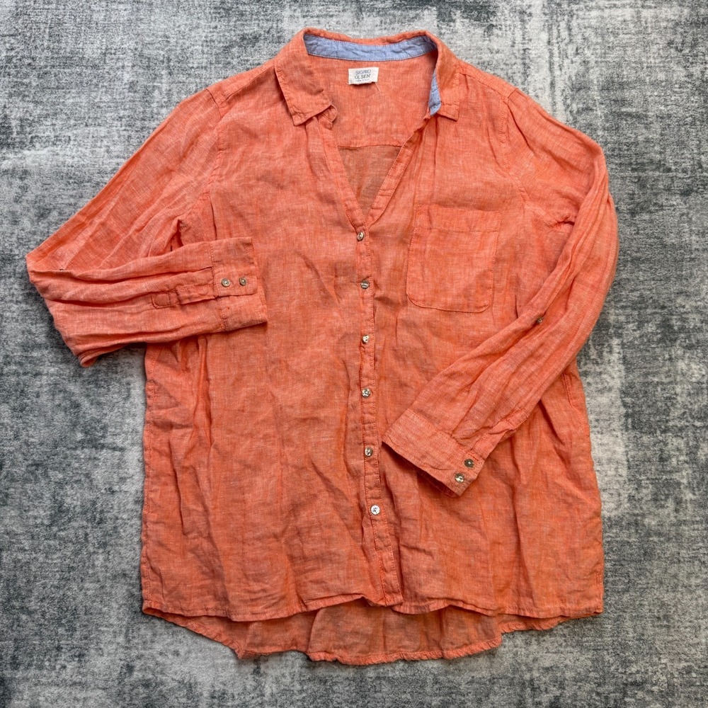 Sigrid Olsen Top Women Medium Coral Linen Button Up Tunic Roll Tab Coast Resort